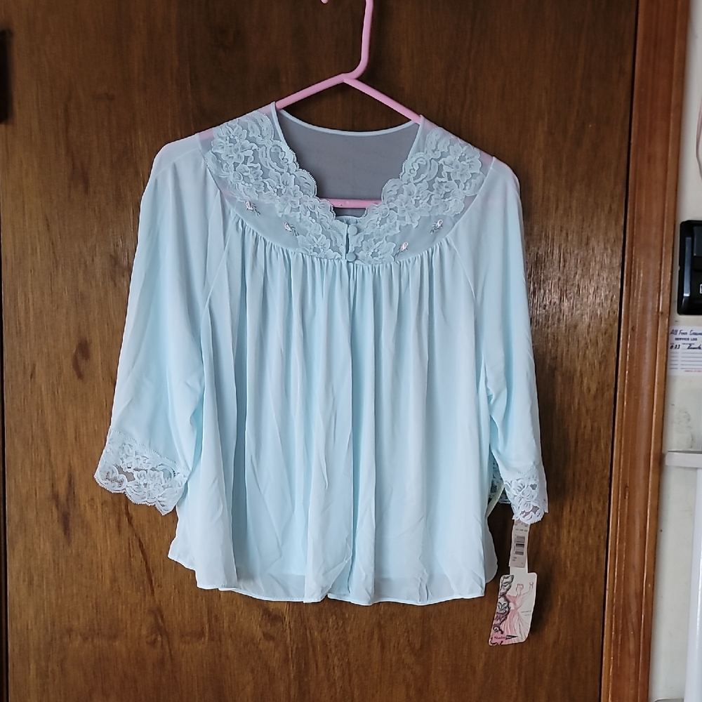 Shadowline Lace Trim Sky Blue Women's Bed Coat NWT 167